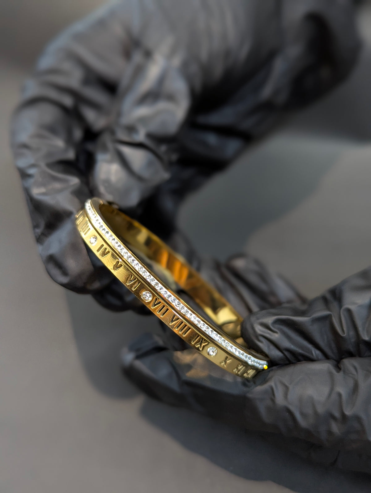 Premium Gold-Plated Roman Numeral Cuff Bangle with Rhinestone Crystals - Anti-Tarnish Stainless Steel Bracelet for Women