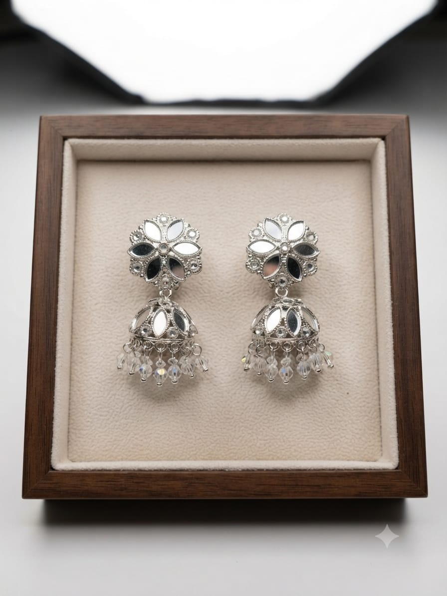 Floral Mirror Jhumka Earrings with Crystal Droplets