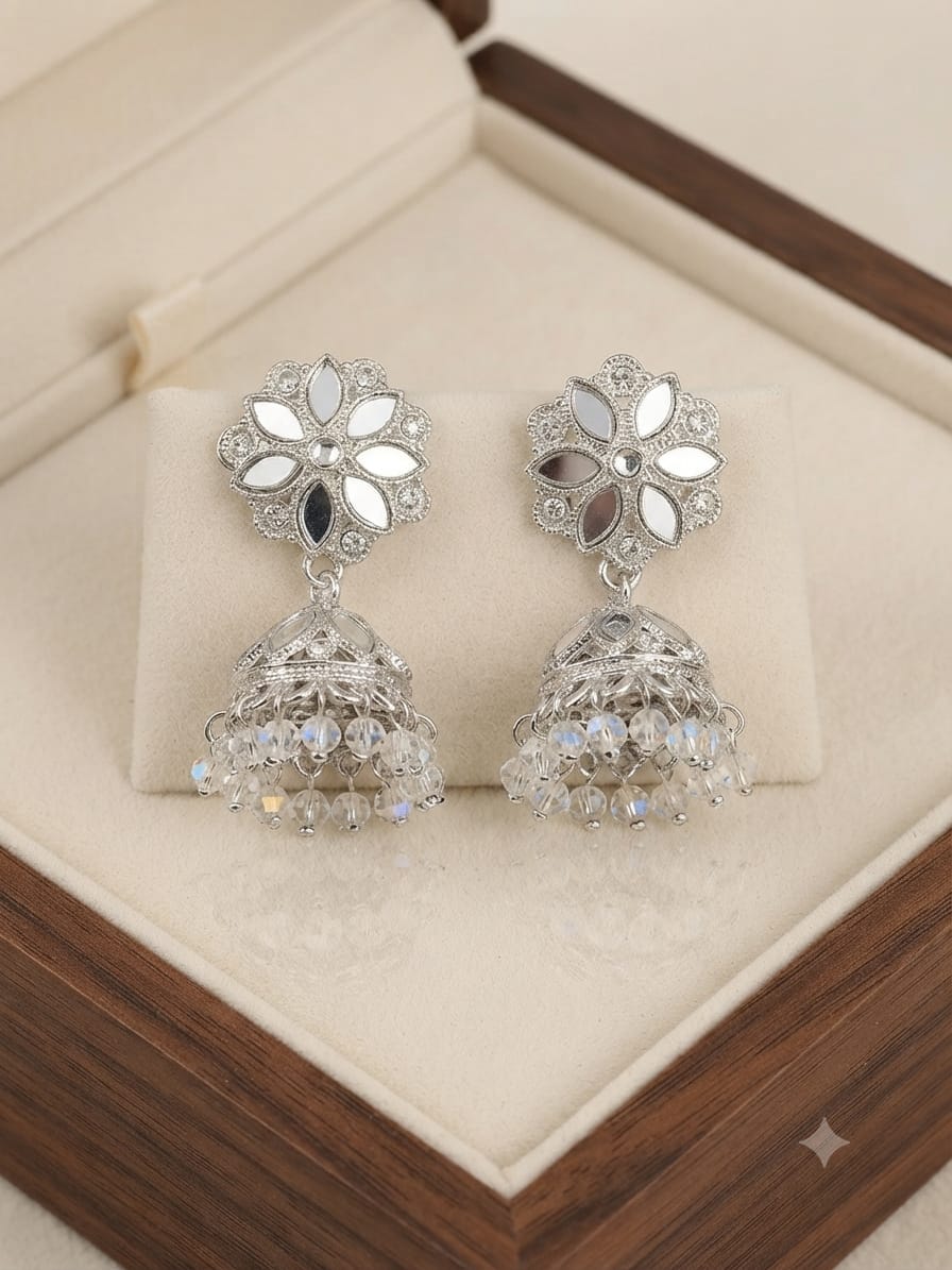 Floral Mirror Jhumka Earrings with Crystal Droplets
