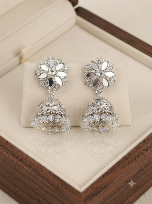 Floral Mirror Jhumka Earrings with Crystal Droplets