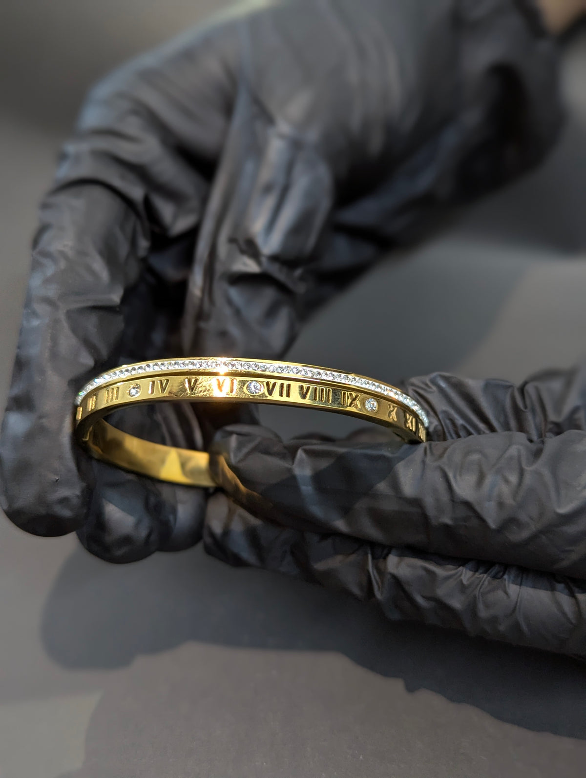 Premium Gold-Plated Roman Numeral Cuff Bangle with Rhinestone Crystals - Anti-Tarnish Stainless Steel Bracelet for Women